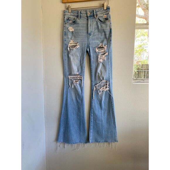 American Eagle By Payless Denim - American Eagle Distressed Super High Rise Flare Stretch Light Wash Jeans Size 2